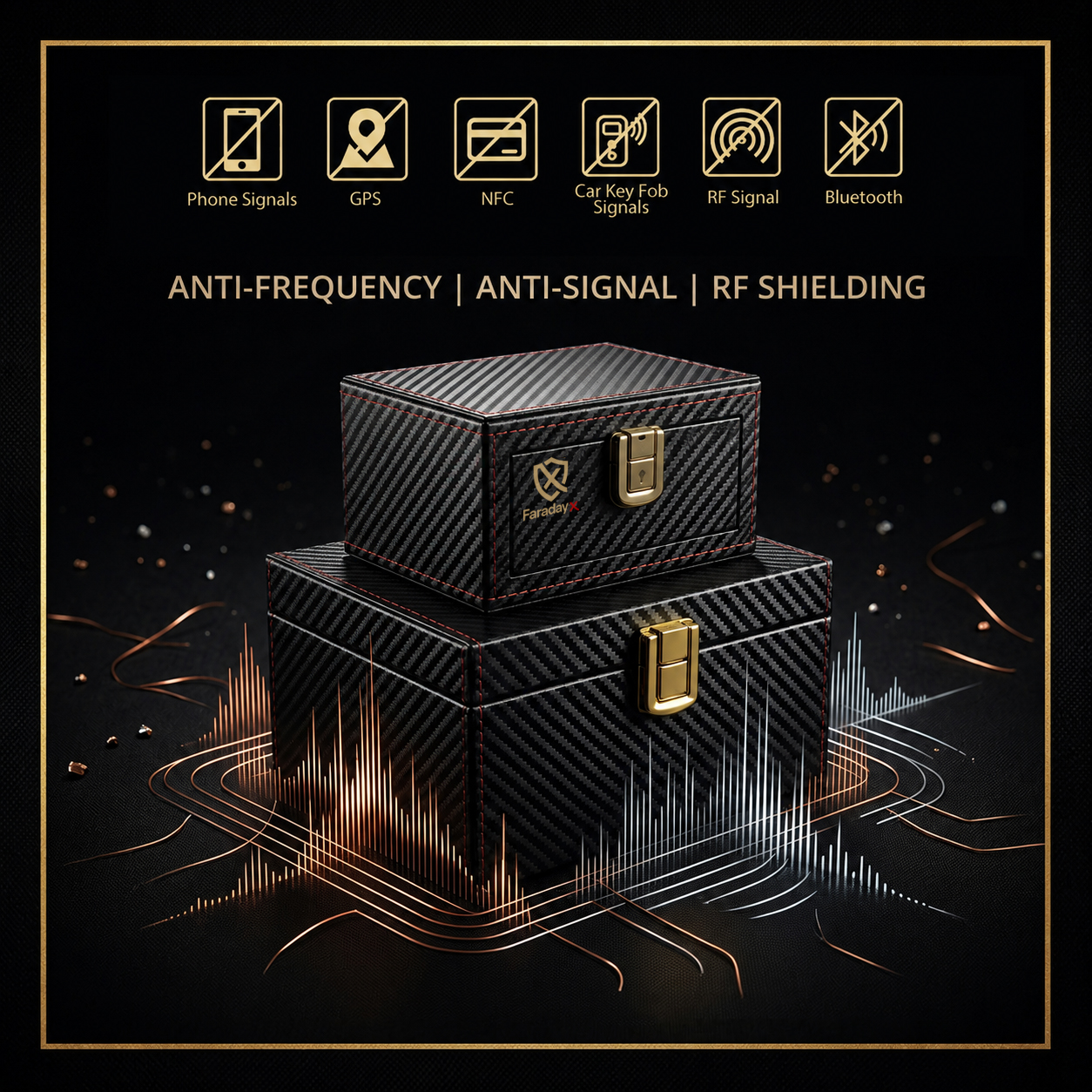 FaradayX signal-blocking carbon fiber boxes with anti-frequency, anti-signal and RF shielding icons